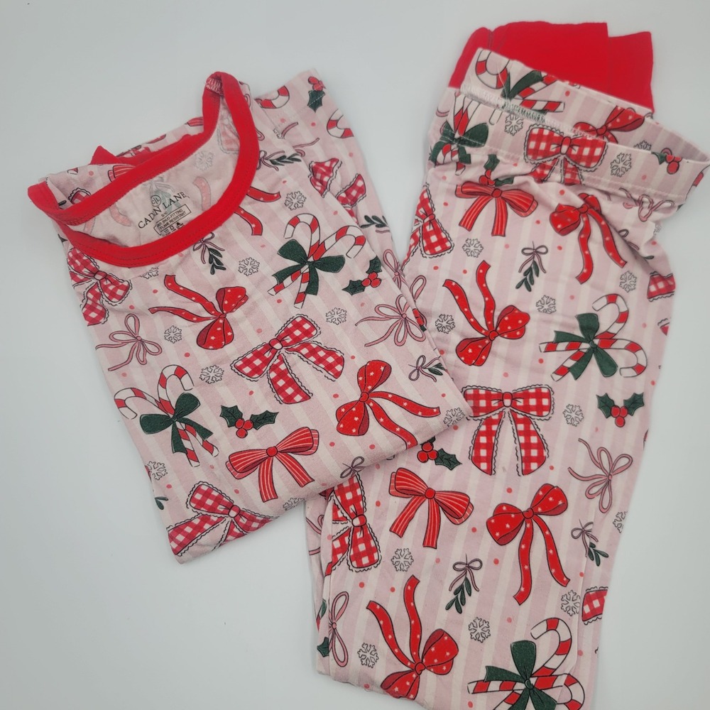 Caden Lane Kids Christmas Pajamas Pink Red Bows Candy Cane Bamboo Set 9/10